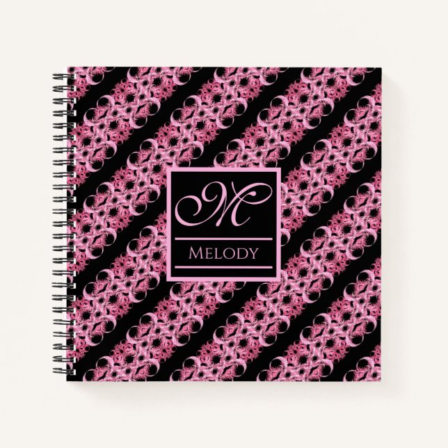 Monogram On Fractal Pink And Black Hardcover Notebook (Front)