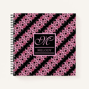 Monogram On Fractal Pink And Black Softcover Notebook