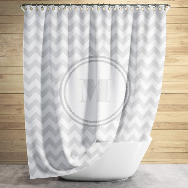 Monogram On Grey And White Chevron Pattern Design Shower Curtain (Modern Monogram Gray Chevron Stripes Shower Curtain)