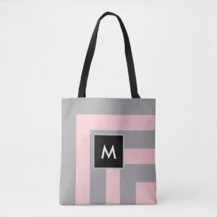 Monogram on Light Grey and Pink Striped Tote Bag