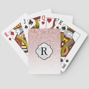 Monogram on Marble Badge, Rose Gold Glitter Ombre Playing Cards