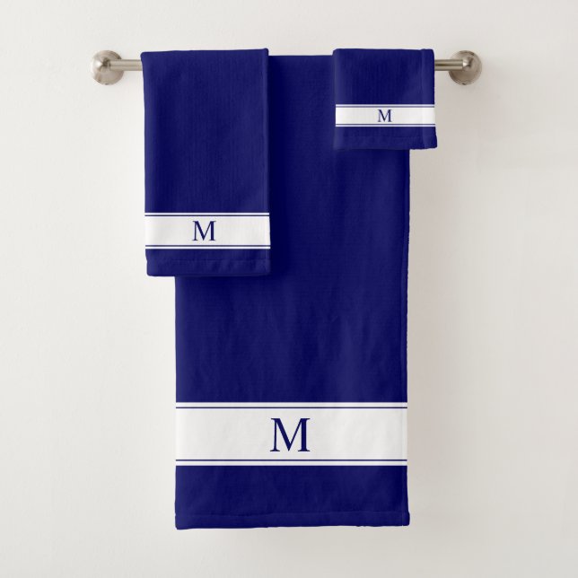 Monogram on Navy Blue and White Minimalist Bath To Towel Set (Insitu)