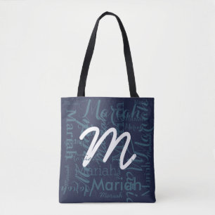 monogram on navy blue fashion tote bag