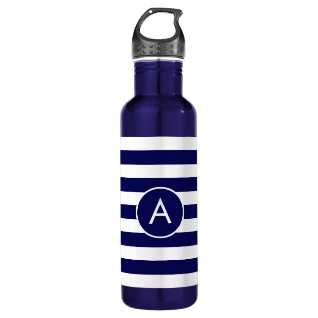 Monogram on Navy Blue & White Striped 710 Ml Water Bottle (Front)
