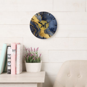 Monogram on Navy Gold Abstract Marble Fluid Art Large Clock