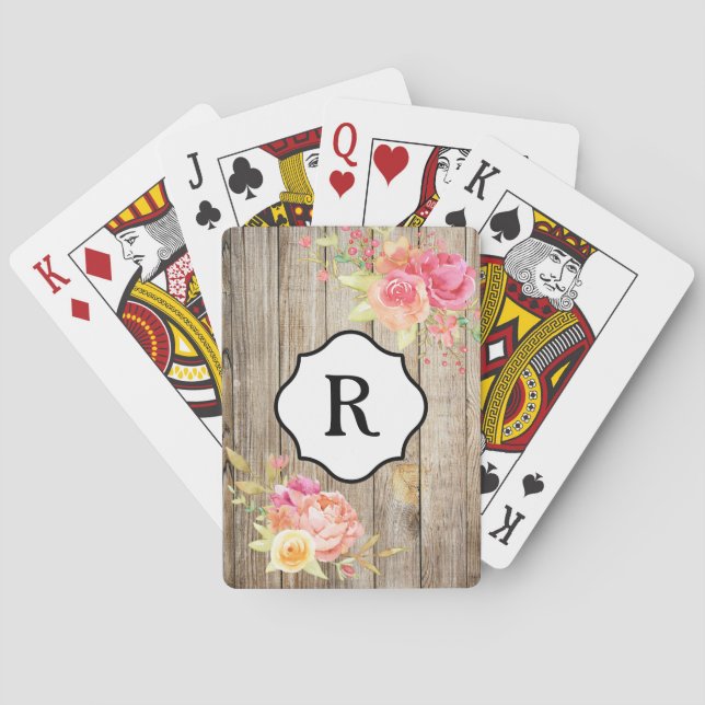 Monogram on Pink Flowers and Rustic Wood Playing Cards (Back)