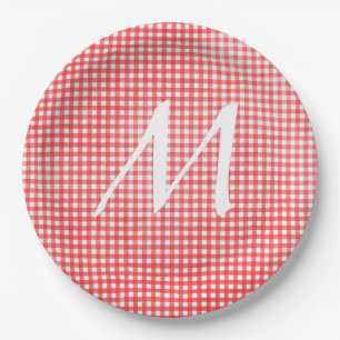 Monogram on red and white gingham design paper plate