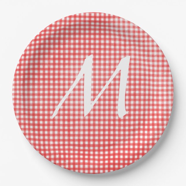 Monogram on red and white gingham design paper plate (Front)