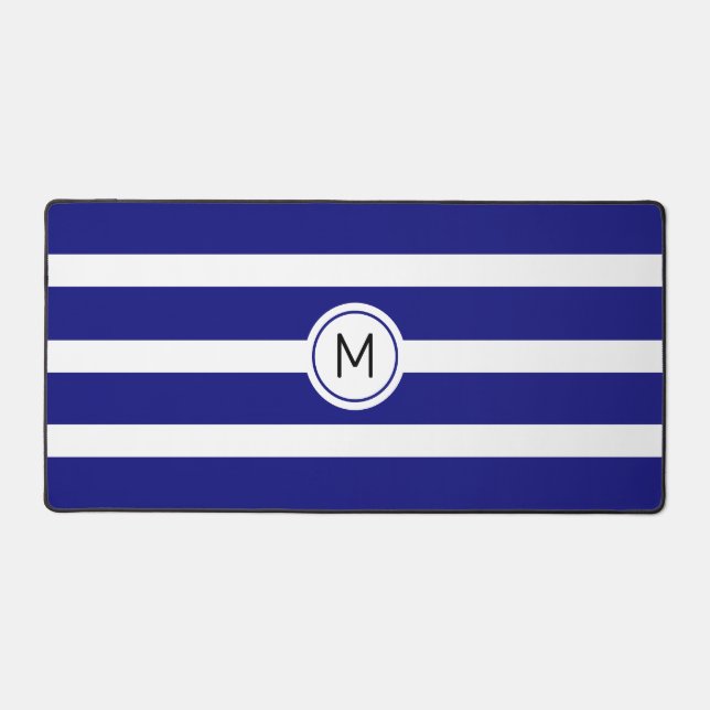 Monogram on Striped Blue & White Desk Mat (Front)