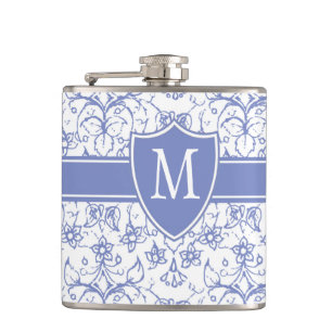 Monogram on Stylish Blue Periwinkle Pattern Hip Flask