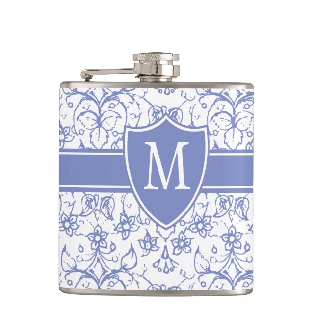 Monogram on Stylish Blue Periwinkle Pattern Hip Flask (Front)