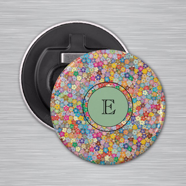 Monogram on Tiny Colourful Flowers 2.25-in Magnet Bottle Opener (Creator Uploaded)