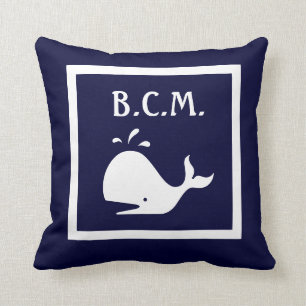 monogram on whale & Anchor WHITE on BLUE PILLOW