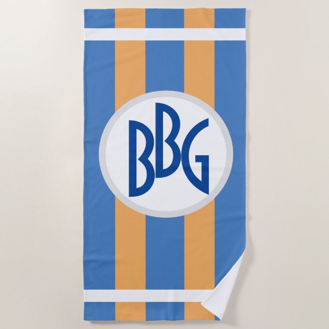 Monogram on wide stripes of Marine Blue & Marigold Beach Towel (Front)