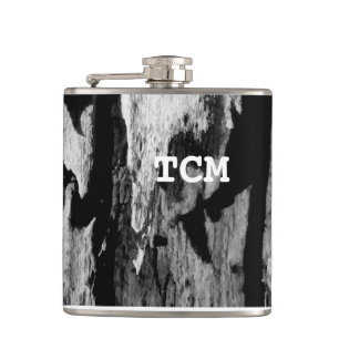 Monogram on wood black and white hip flask