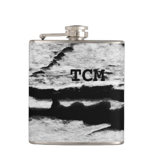 Monogram on wood black and white hip flask