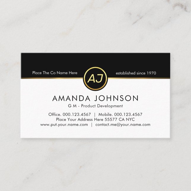 Monogram One Gold Line Black White Layers Business Card (Front)