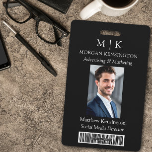 Monogram or Add Logo Business Black Barcode Photo ID Badge