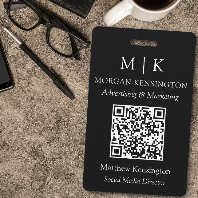 Monogram or Add Logo Business Black QR Code ID Badge (Edit to Customize text, colors and more)