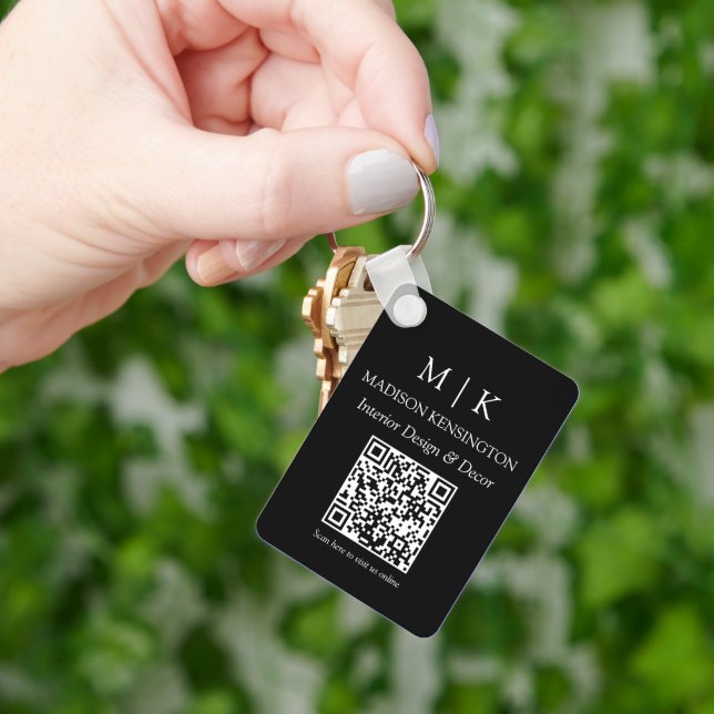 Monogram or Add Logo Business Black QR Code Key Ring (Hand)