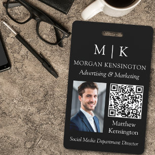 Monogram or Add Logo Business Black QR Code Photo ID Badge