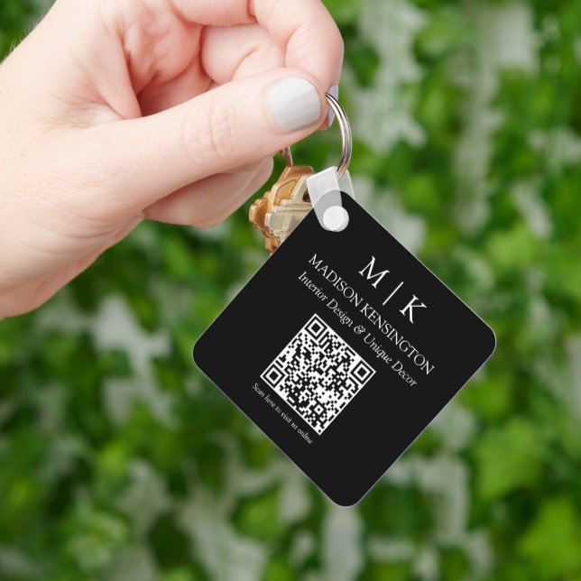 Monogram or Add Logo Business Black QR Code Square Key Ring (Hand)