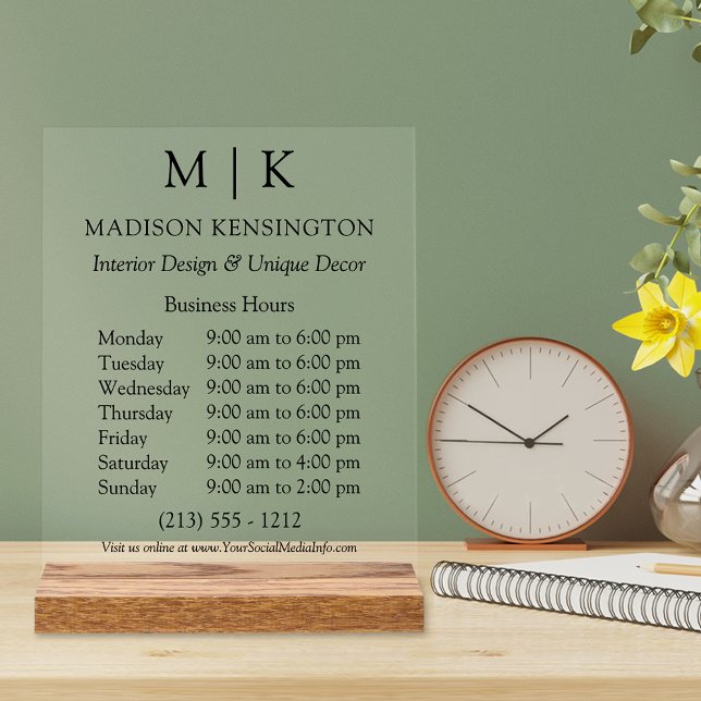 Monogram or Add Logo Business Hours Clear Acrylic Sign (Customize to change text size or text style.)