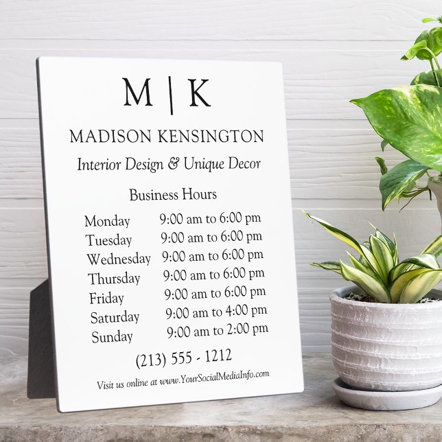 Monogram or Add Logo Business Hours Plaque (Edit to Customize text, colors and more)