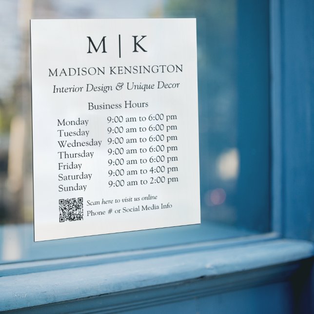 Monogram or Add Logo Business Hours QR Code (Edit to Customize text, colors and more)