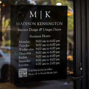 Monogram or Add Logo Business Hours QR Code Black