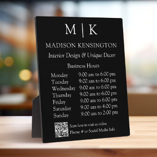 Monogram or Add Logo Business Hours QR Code Black Plaque