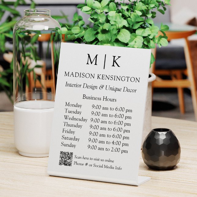 Monogram or Add Logo Business Hours QR Code Pedestal Sign (Edit to Customize text, colors and more)