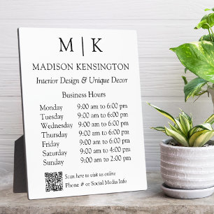 Monogram or Add Logo Business Hours QR Code Plaque