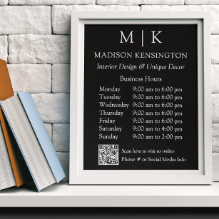 Monogram or Add Logo Business Hours QR Small Black Poster