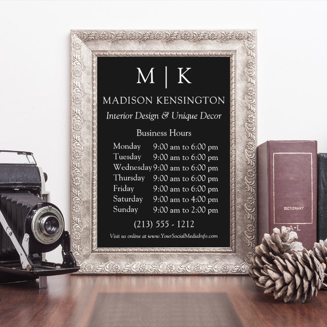 Monogram or Add Logo Business Hours Small Black Poster (Edit to Customize text, colors and more)