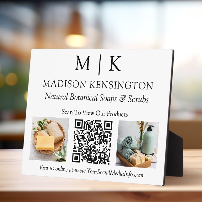 Monogram or Add Logo Business QR Code 2 Photos Plaque (Edit to Customize text, colors and more)