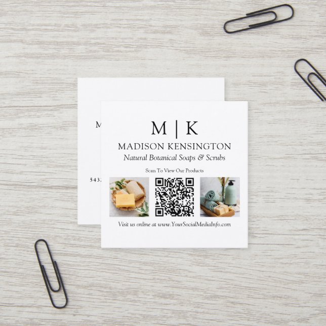 Monogram or Add Logo Business QR Code 2 Photos Square Business Card (Front/Back In Situ)