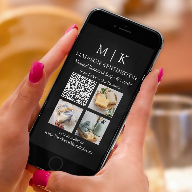 Monogram or Add Logo Business QR Code 3 Photo Card (Edit to Customize text, colors and more)