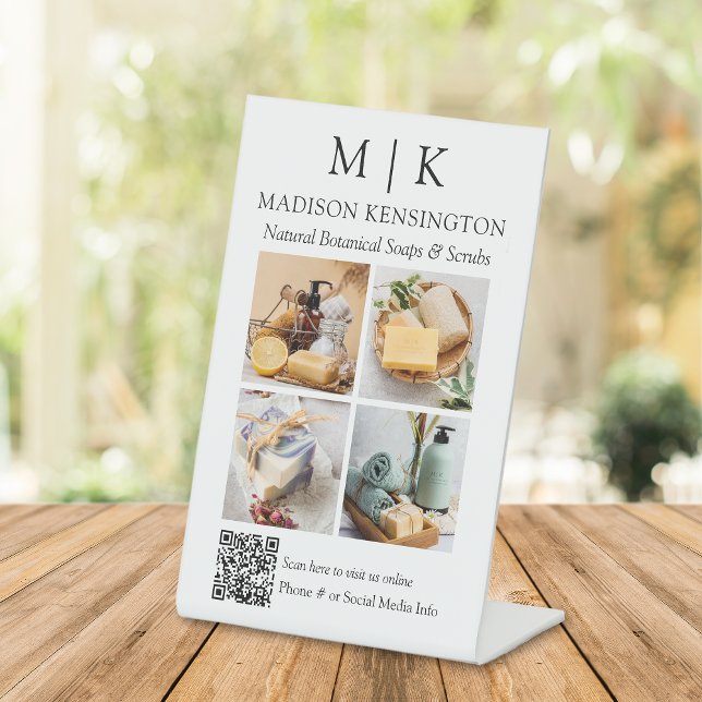 Monogram or Add Logo Business QR Code 4 Photos Pedestal Sign (Edit to Customize text, colors and more)