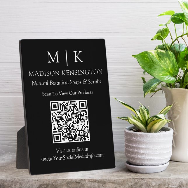 Monogram or Add Logo Business QR Code Black Plaque (Edit to Customize text, colors and more)