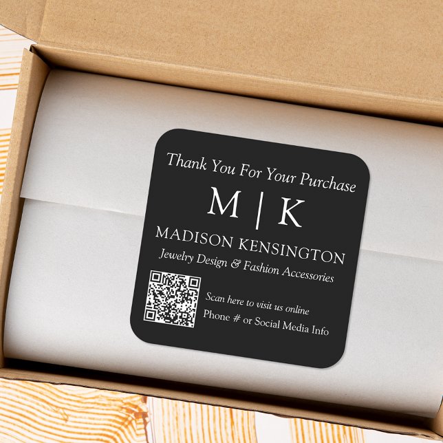 Monogram or Add Logo Business QR Code Black Square Sticker (Edit to Customize text, colors and more)