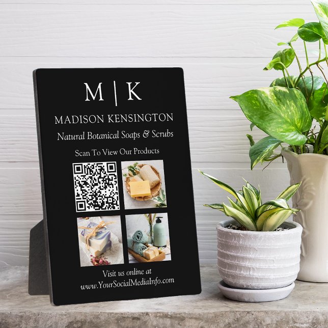 Monogram or Add Logo Business QR Code Photo Black Plaque (Edit to Customize text, colors and more)