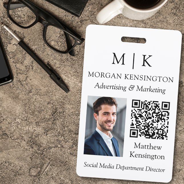 Monogram or Add Logo Business QR Code Photo ID Badge (Edit to Customize text, colors and more)