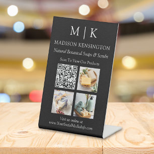 Monogram or Add Logo Business QR Code Photos Black Pedestal Sign