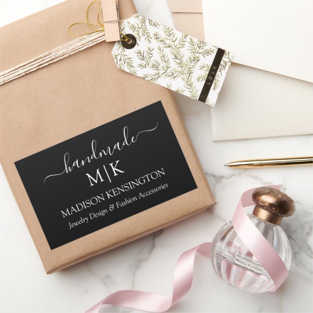 Monogram or Add Logo Handmade Business Black Rectangular Sticker (Gifting)