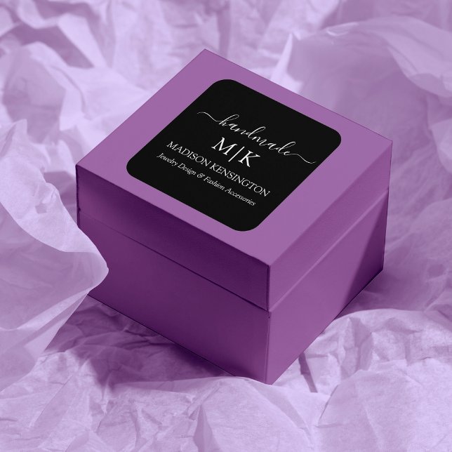 Monogram or Add Logo Handmade Business Black Square Sticker (Edit to Customize text, colors and more)