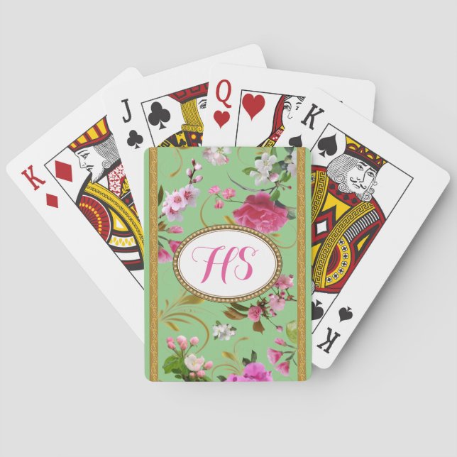 Monogram or Custom Text  Pink Flowers Playing Cards (Back)