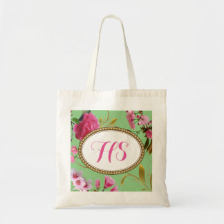 Monogram or Custom Text Pink Flowers Tote Bag