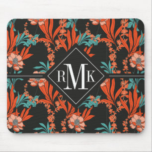 Monogram   Orange Abstract Floral Pattern Mouse Pad
