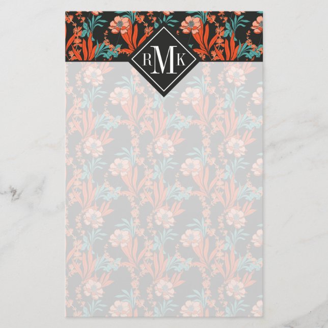 Monogram | Orange Abstract Floral Pattern Stationery (Front)
